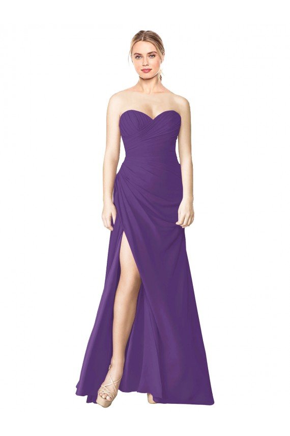 Cheapest Strapless Chiffon Bridesmaid Dress with Pleated Wrap Bodice and Side Slit UK