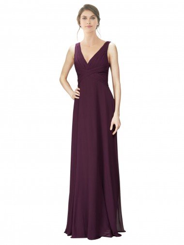 Cheapest Long Chiffon Bridesmaid Dress with Ruched Criss Cross V-Neck Bodice UK