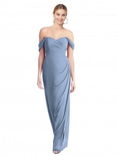 Cheapest Full Length Draped Off the Shoulder Maxi Bridesmaid Dress with Shirred Streamer UK