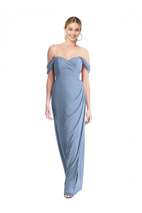 Cheapest Full Length Draped Off the Shoulder Maxi Bridesmaid Dress with Shirred Streamer UK