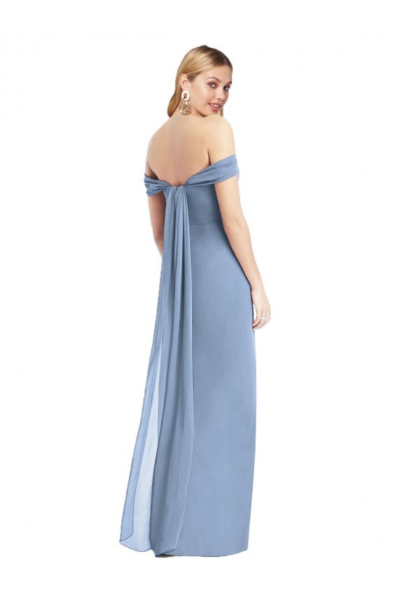 Cheapest Full Length Draped Off the Shoulder Maxi Bridesmaid Dress with Shirred Streamer UK