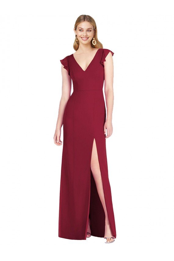 Cheapest Ruffled Sleeves Mermaid Chiffon Bridesmaid Dress with Front Slit UK