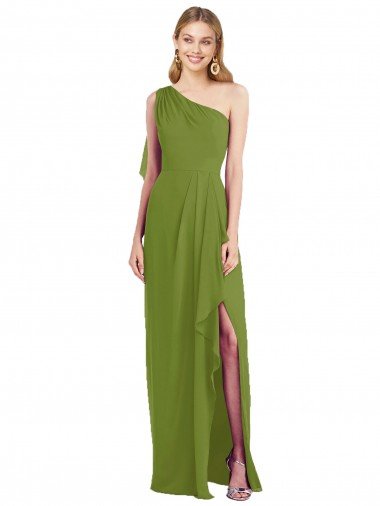 Cheapest One Shoulder Chiffon Bridesmaid Dress with Draped Front Slit UK