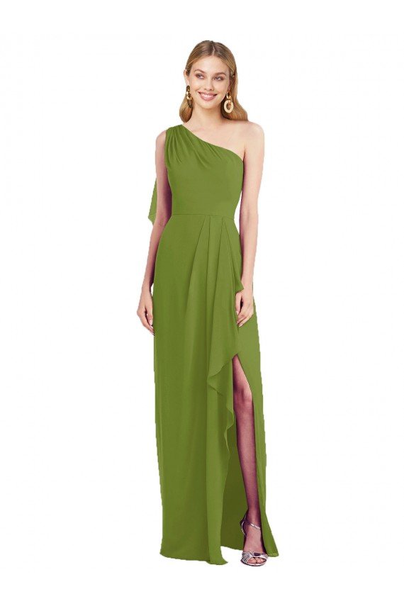 Cheapest One Shoulder Chiffon Bridesmaid Dress with Draped Front Slit UK