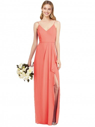 Cheapest Spaghetti Strap Draped Skirt Chiffon Bridesmaid Dress with Front Slit UK