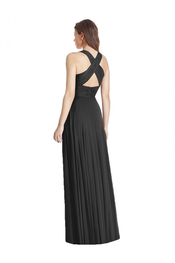 Cheapest Full Length V-Neck Chiffon Bridesmaid Dress with Wide Criss Cross Straps UK