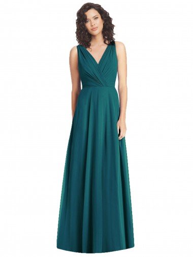 Cheapest Draped V-Neck Long Sleeveless Chiffon Bridesmaid Dress UK