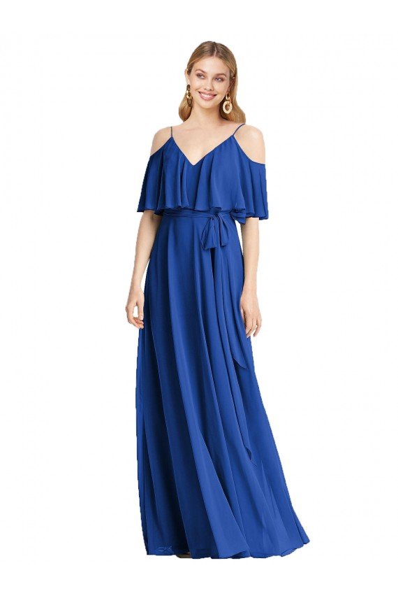 Cheapest Spaghetti Straps V-Neck Chiffon Bridesmaid Dress with Sash Tie UK