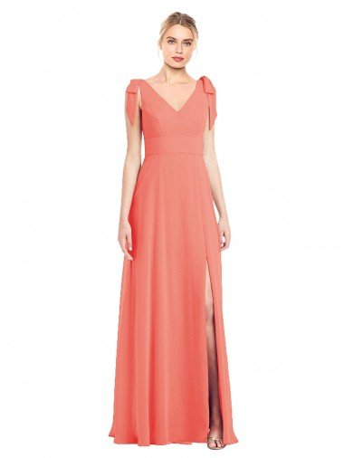 Cheapest Full Length Bow-Shoulder V-Back Chiffon Bridesmaid Dress with Front Slit UK