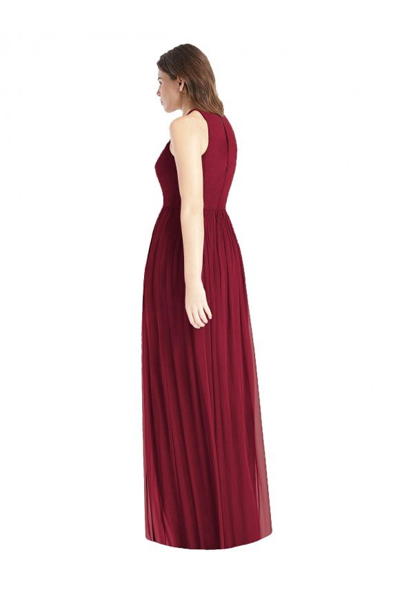 Cheapest Shirred Skirt Jewel Neck Halter Chiffon Bridesmaid Dress with Front Slit UK