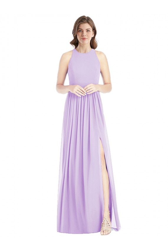 Cheapest Shirred Skirt Jewel Neck Halter Chiffon Bridesmaid Dress with Front Slit UK