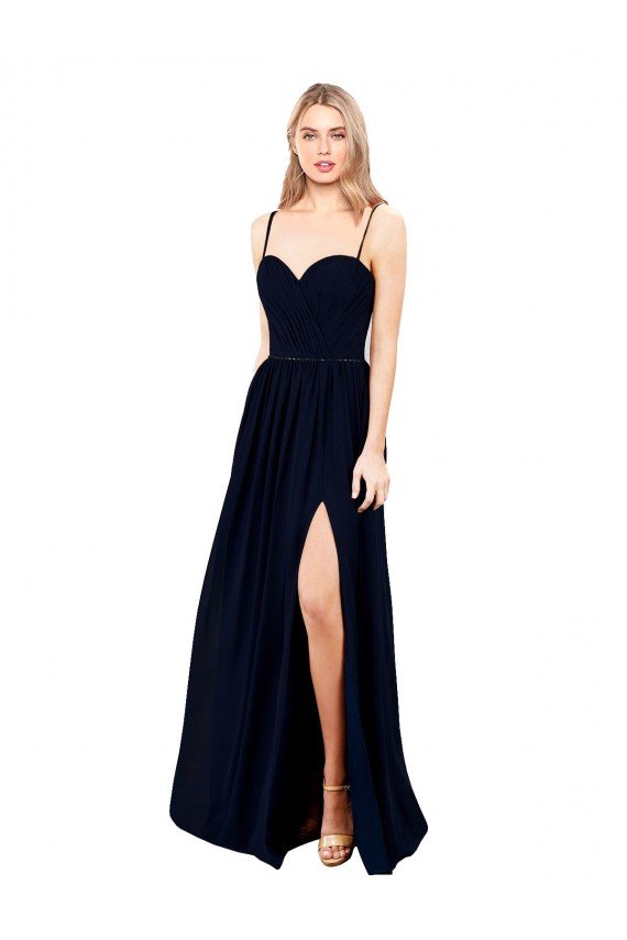 Cheapest Draped A-Line Chiffon Formal Bridesmaid Dress with Spaghetti Straps and High Slit UK