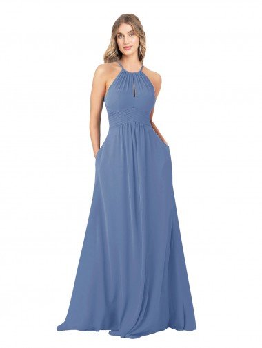Cheapest Draped High Neck Keyhole Back Bridesmaid Dress with Front Slit UK
