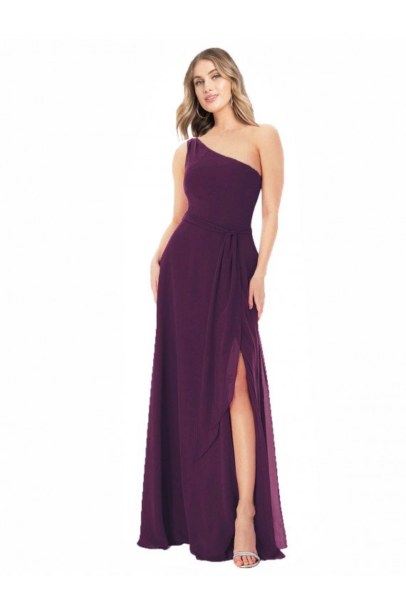 Cheapest One Shoulder Chiffon Bridesmaid Dress with Tie Belt UK
