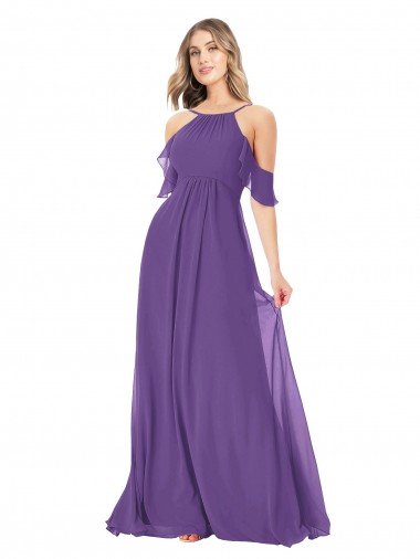 Cheapest Cold Shoulder Flutter Sleeves Chiffon Bridesmaid Dress UK