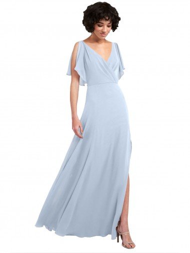 Cheapest Split Flutter Sleeves V-Neck Chiffon Bridesmaid Dress with Open V-Back UK