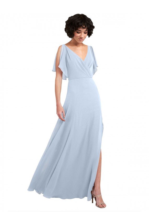 Cheapest Split Flutter Sleeves V-Neck Chiffon Bridesmaid Dress with Open V-Back UK