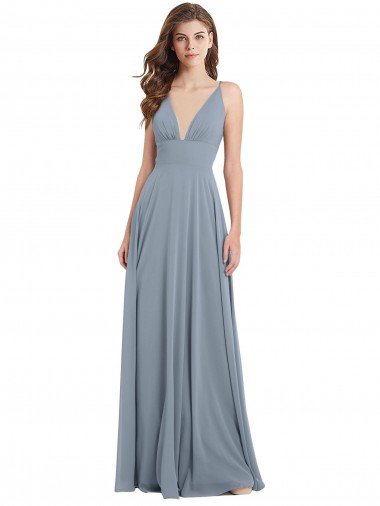 Cheapest Fitted V-Neckline Long Chiffon Bridesmaid Dress with V-Back UK