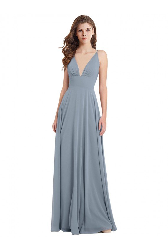 Cheapest Fitted V-Neckline Long Chiffon Bridesmaid Dress with V-Back UK