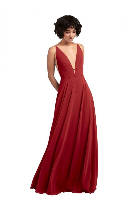 Cheapest Fitted Plunging Deep V-Neck Long Chiffon Bridesmaid Dress with V-Back UK