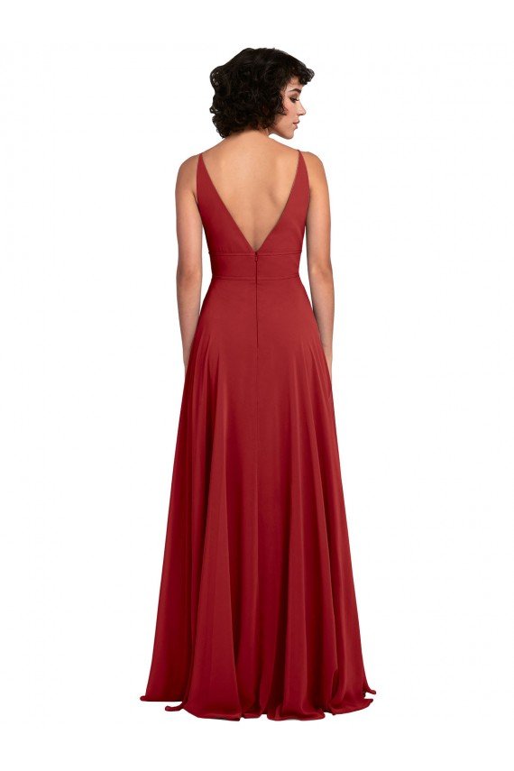 Cheapest Fitted Plunging Deep V-Neck Long Chiffon Bridesmaid Dress with V-Back UK