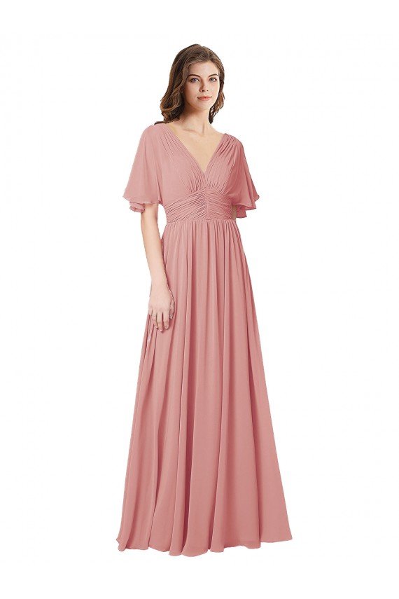 Cheapest Flutter Sleeves Plunging V-Neck Boho Chiffon Bridesmaid Dress UK