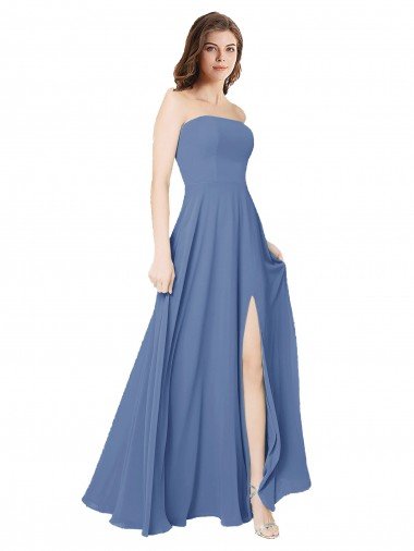 Cheapest Strapless Long Chiffon Bridesmaid Dress with Front Slit UK