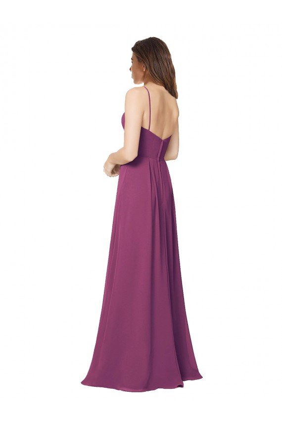 Cheapest Halter Neck Long Pleated Chiffon Bridesmaid Dress with Pockets UK