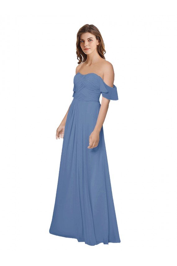 Cheapest Flutter Sleeves Scoop Neck Off the Shoulder Long Chiffon Bridesmaid Dress UK