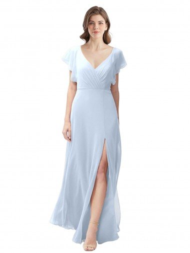 Cheapest Flutter Sleeves Long Chiffon Bridesmaid Dress with Daring Open Back and Side Slit UK