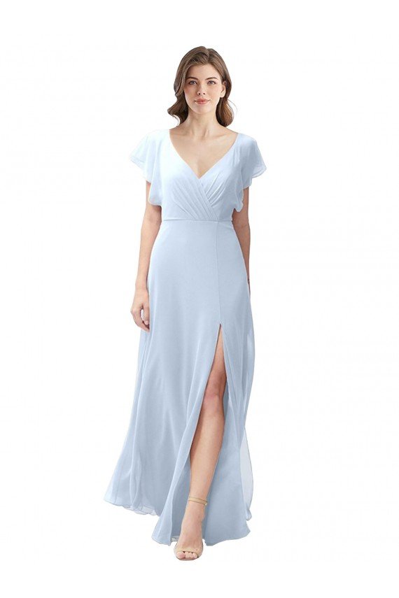 Cheapest Flutter Sleeves Long Chiffon Bridesmaid Dress with Daring Open Back and Side Slit UK