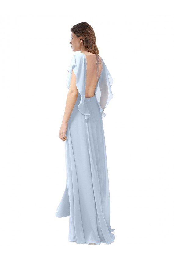 Cheapest Flutter Sleeves Long Chiffon Bridesmaid Dress with Daring Open Back and Side Slit UK