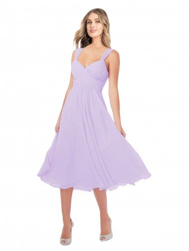 Cheapest Draped Midi Length Chiffon Cocktail Bridesmaid Dress with Ruched Bodice UK