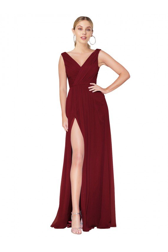 Cheapest Draped Mermaid Long V-Neck Chiffon Bridesmaid Dress / Formal Prom Dress with High Slit UK
