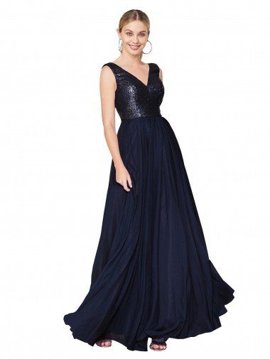 Cheapest High Neck V-Neck Long Chiffon Bridesmaid Dress / Prom Dress with Sequin Top UK