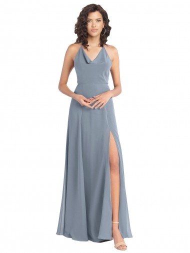 Cheapest Slim A-Line Cowl Neck Long Chiffon Bridesmaid Dress with Side High Slit UK