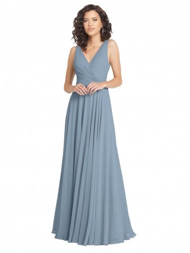 Cheapest Faux Surplice Bodice Long Chiffon Bridesmaid Dress with V-Neckline UK
