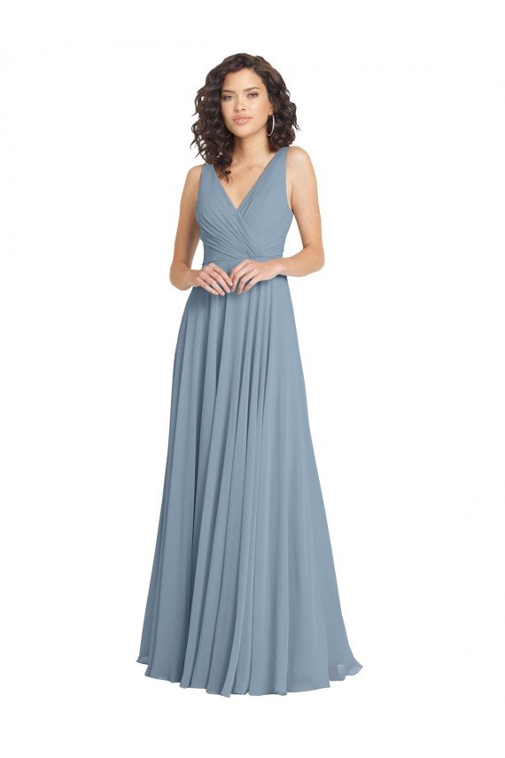 Cheapest Faux Surplice Bodice Long Chiffon Bridesmaid Dress with V-Neckline UK
