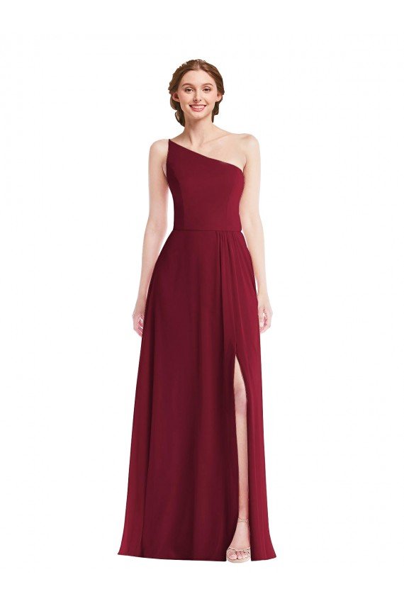 Cheapest One Shoulder Chiffon Maxi Bridesmaid Dress with Shirred Front Slit UK