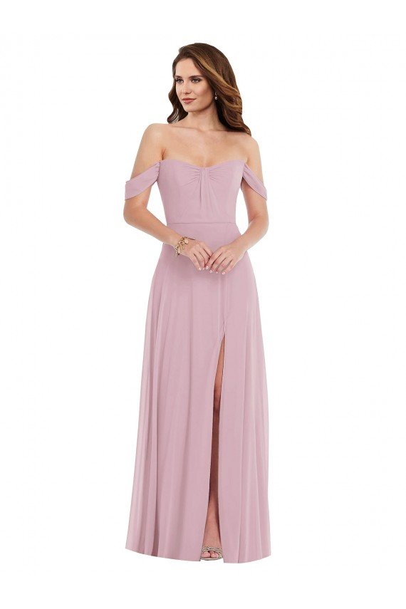Cheapest Off the Shoulder Draped Sleeve Maxi Bridesmaid Dress with Front Slit UK