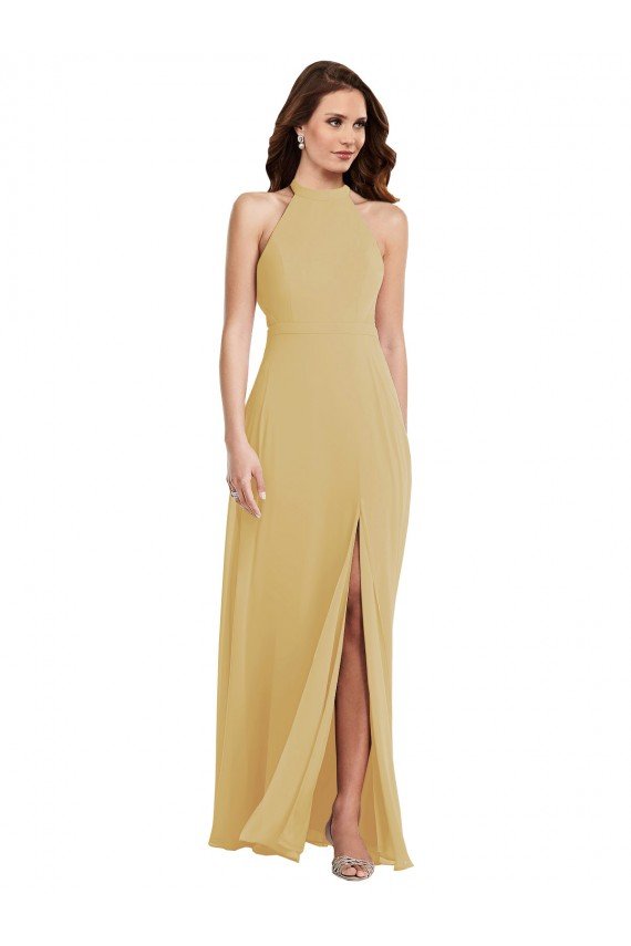 Cheapest Stand Collar Halter Maxi Bridesmaid Dress with Criss Cross Open Back UK
