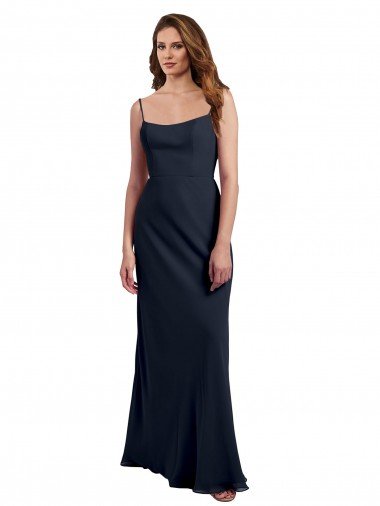Cheapest Scoop Neck Long Chiffon Open Back Bridesmaid Dress with Spaghetti Straps UK