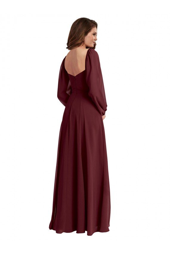 Cheapest Sheer Long Sleeves Chiffon Bridesmaid Dress with High Slit UK