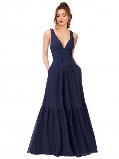 Cheapest Floor Length Deep V-Neck Ruched Chiffon Long Bridesmaid Dress UK