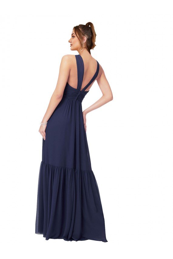 Cheapest Floor Length Deep V-Neck Ruched Chiffon Long Bridesmaid Dress UK