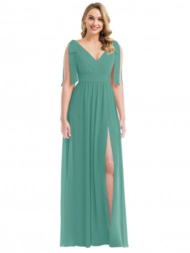 Cheapest Plunge Neckline Bow Shoulder Chiffon Maxi Bridesmaid Dress UK