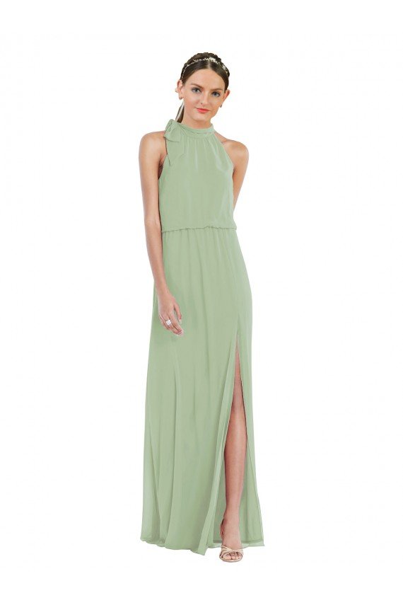 Cheapest High Neck Scarf Tie Blouson Bodice Maxi Bridesmaid Dress with Front Slit UK