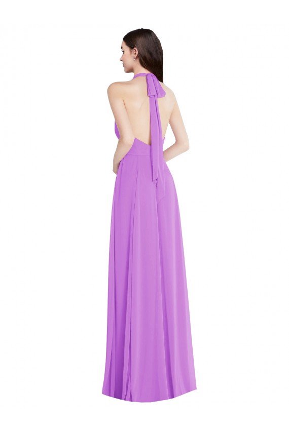 Cheapest Halter Backless Maxi Formal Bridesmaid Dress with Button Ruffle Placket UK
