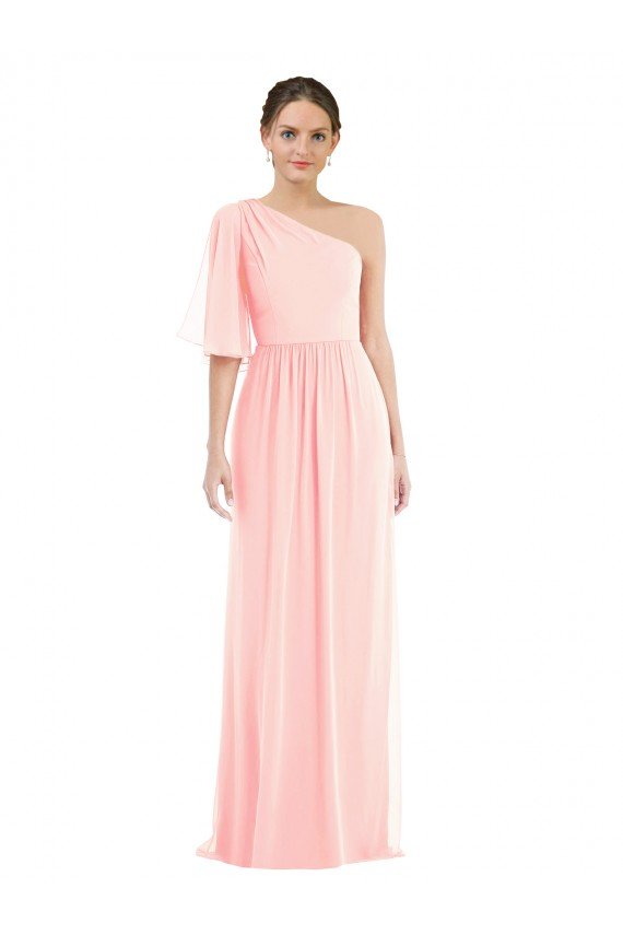 Cheapest One Shoulder Bell Sleeves Chiffon Maxi Bridesmaid Dress UK