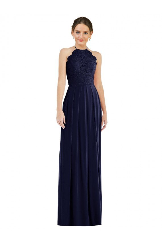 Cheapest Tie Neck Lace Halter Pleated Skirt Maxi Bridesmaid Dress UK